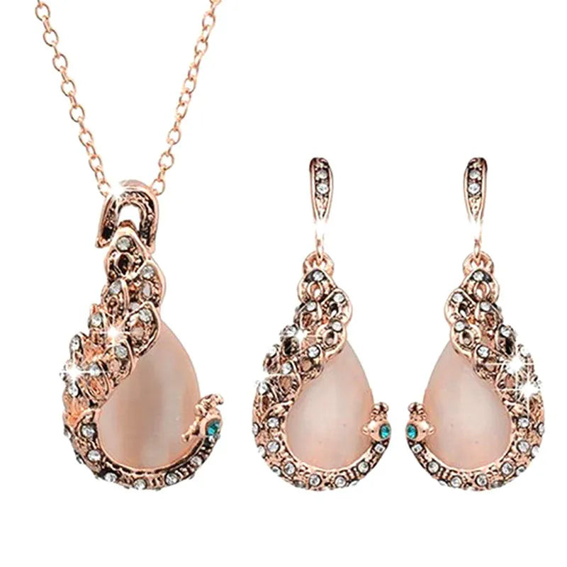 3pcs\ Women Elegant Waterdrop Rhinestone Pendant Necklace Hook Earrings Jewelry Set