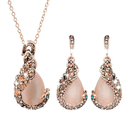 3pcs\ Women Elegant Waterdrop Rhinestone Pendant Necklace Hook Earrings Jewelry Set