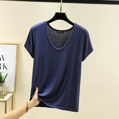Women’s Plus Size U‑Neck Modal T‑Shirt (L–6XL) – Short Sleeve Solid Color Loose Tee