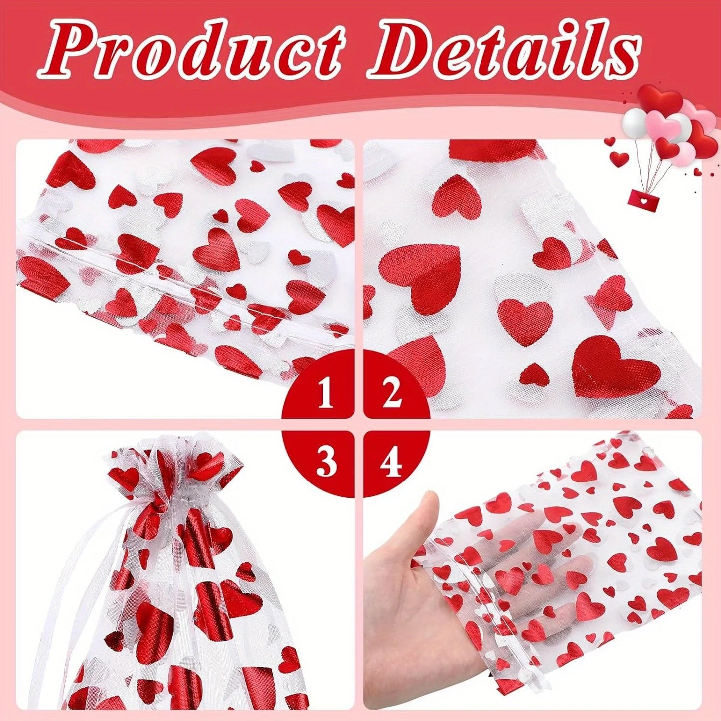 100PCS Valentine’s Organza Drawstring Bags – Mini Jewelry, Candy & Party Favor Pouches