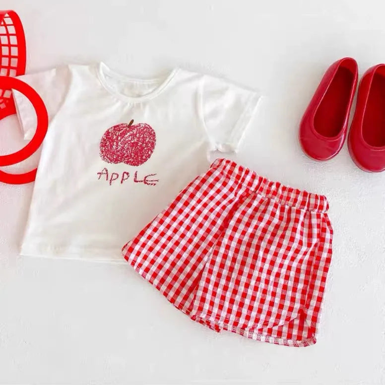 Baby Girl 2‑Piece Fruit Print T‑Shirt & Plaid Shorts Outfit
