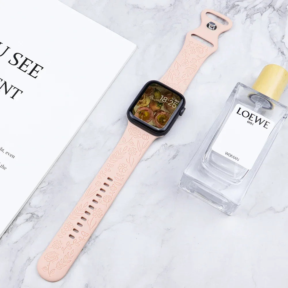 Engraved Strap for Apple Watch Ultra Band 2 49mm 45mm 44MM 38 40mm 41mm Floral Bracelet Fashion IWatch Series 9/8/7/6/5/4/3/se