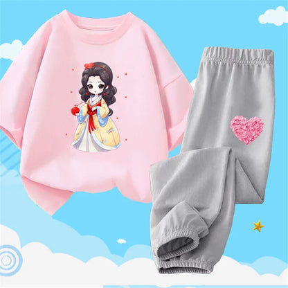 Teens Girls' 2-Piece Fashion Outfit: Princess Short Sleeve T-Shirt and Long Pants Tracksuit Set