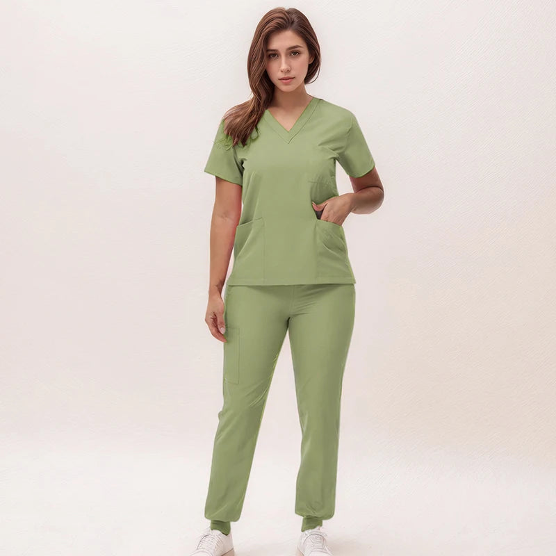 Stretchy Nurse Uniforms V-neck Top Jogger Pants Scrub Sets Surgical Workwear Dentist Nursing Suit Hospital Doctor Outfit S21