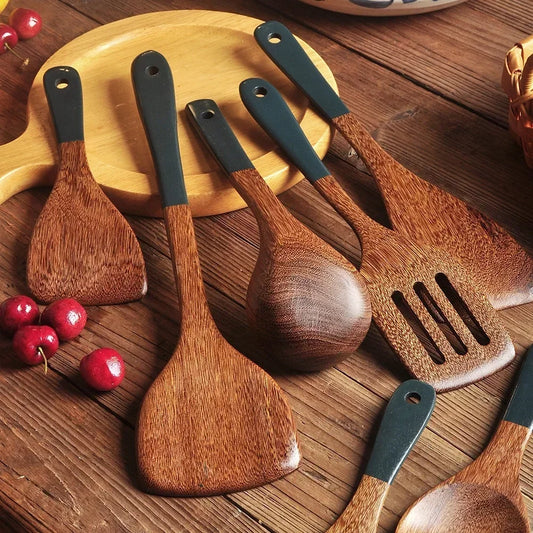 Long Handle Wooden Kitchen Cooking Utensil Set