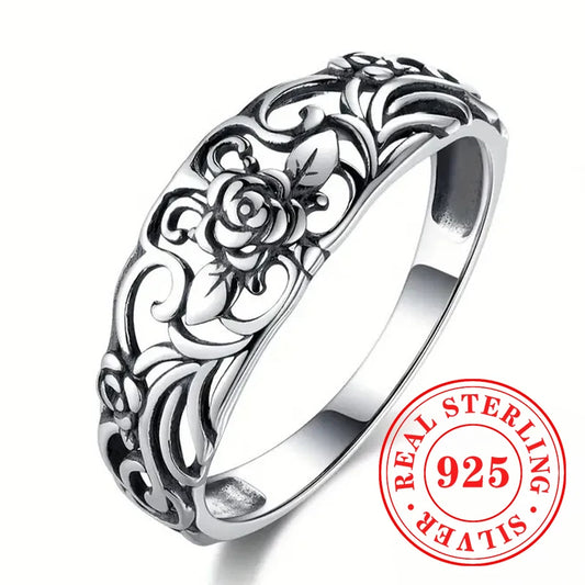 Huitan Vintage Style Rings with Hollow Pattern 925 Sterling Silver Exquisite Finger Accessory for Women Versatile Party Jewelry