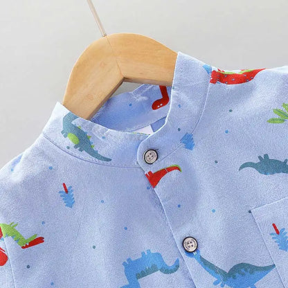 Infants and Toddlers Covered in Printed Cartoon Dinosaur Stand-up Collar Shirt Short Sleeve 2 Piece Set