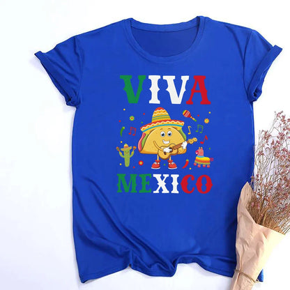 Viva Mexico Print Crew Neck T-shirt Summer Short Sleeve Casual Top Women's Mexican Flag Pattern T-shirt Clothes