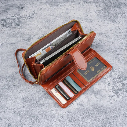 Hot selling cross-border oil wax zipper wallet for women, European and American retro card bag, large capacity mobile phone bag,