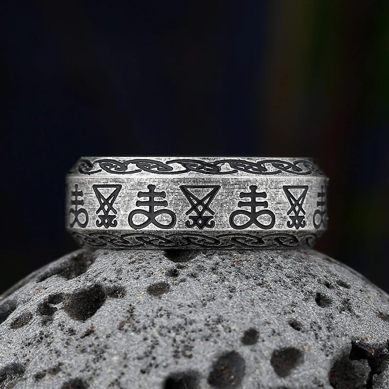 Vintage Lucifer Seal Signet Ring – Gothic Punk 316L Stainless Steel Black Stone