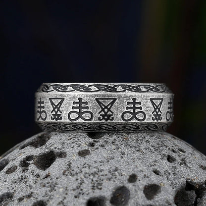 Vintage Lucifer Seal Signet Ring – Gothic Punk 316L Stainless Steel Black Stone