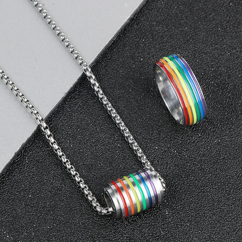 Fashion Rainbow Pride Jewelry Set for Men Women Stainless Steel Colorful Enamel Stripe Pendant Necklace Ring LGBT Gay Love Gift