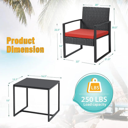 3‑Piece Red Wicker Patio Set – Modern Outdoor Rattan Chairs with Coffee Table