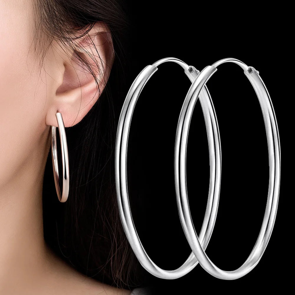 925 Sterling Silver Thick Hoop Earrings – 3mm, 3–6cm Luxury Wedding Jewelry for Women