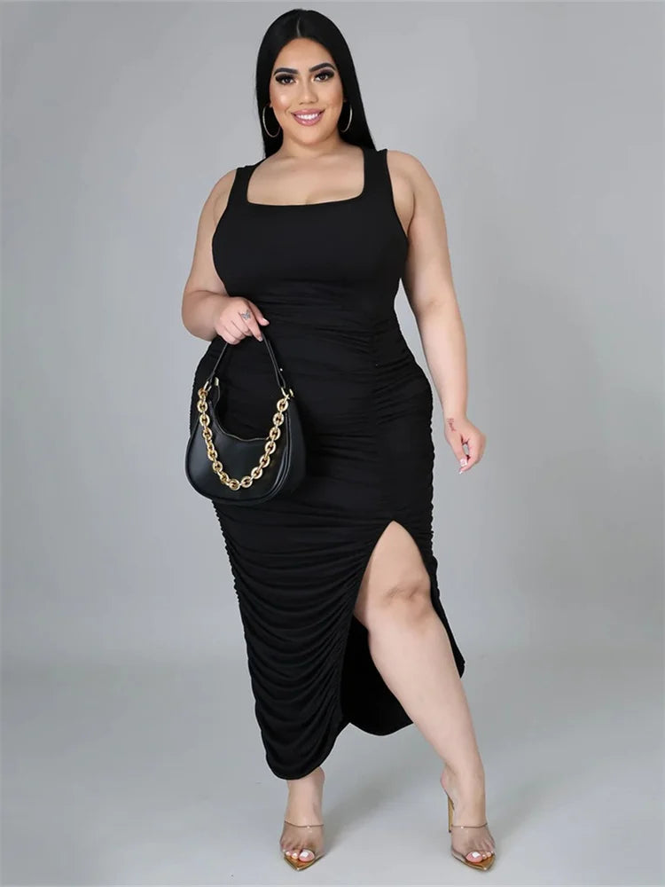 Plus Size Dress for Women Solid Bodycon Stretch Draped Maxi Dress Slip L-4XL