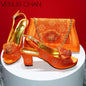 Mature Sweet Spot New Arrival Peach-Colored Square-Heel Peep-Toe Shoes with Matching Bag Set for Nigerian Women's Wedding Party Pumps