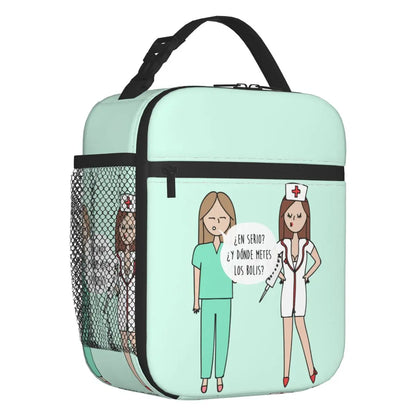 Custom cartoon-printed lunch bag featuring ladies, nurses, and doctors. Thermal insulated, reusable, and multifunctional, perfect for kids' food bento boxes.