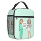 Custom cartoon-printed lunch bag featuring ladies, nurses, and doctors. Thermal insulated, reusable, and multifunctional, perfect for kids' food bento boxes.