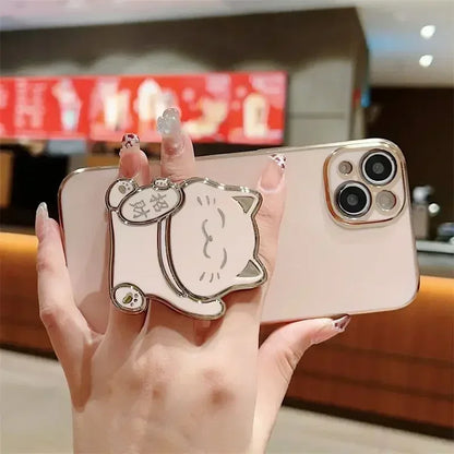 Lucky Cat Folding Stand Silicone Phone Case for iPhone 16 15 14 Pro Max 13 12  Plus XR  Max 11 Luxury Plating Case