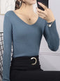 Women Solid Rib Knit V Neck Top