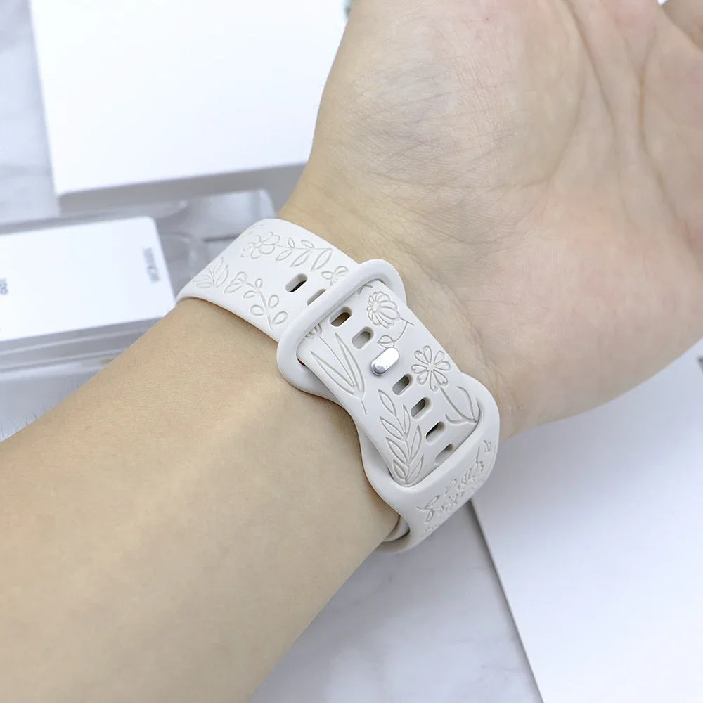 Engraved Strap for Apple Watch Ultra Band 2 49mm 45mm 44MM 38 40mm 41mm Floral Bracelet Fashion IWatch Series 9/8/7/6/5/4/3/se
