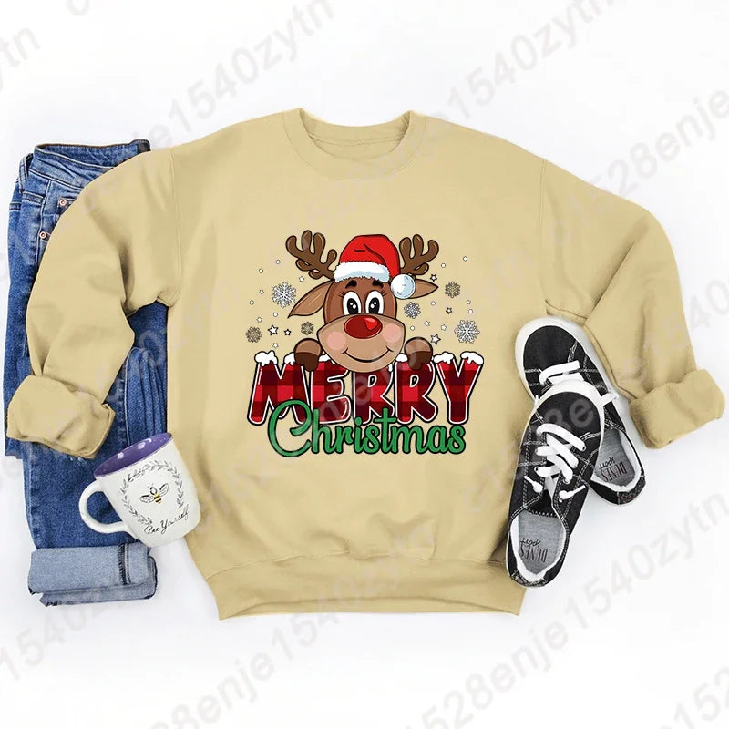 Women's Festive Christmas Reindeer & Plaid Graphic Sweatshirt Casual Loose Fit Long Sleeve Crew Neck Sweatshirts for Winter
