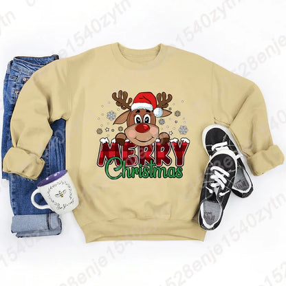 Women's Festive Christmas Reindeer & Plaid Graphic Sweatshirt Casual Loose Fit Long Sleeve Crew Neck Sweatshirts for Winter