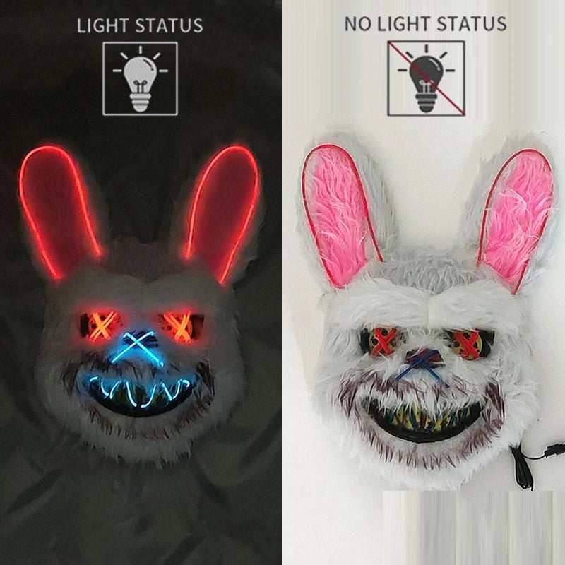 LED Glowing Cosplay Bloody Rabbit Mask Halloween Scary Killer Bloody Bunny Bear Headgear Carnival Masquerade Horror Costume Prop