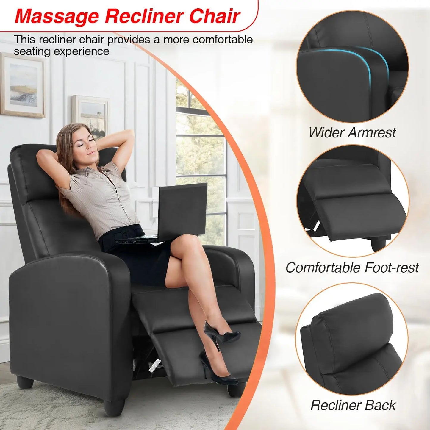 Black Leather Massage Recliner Chair with Lumbar Support & Adjustable Backrest