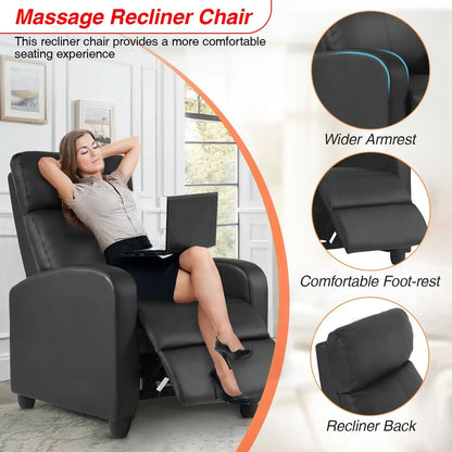 Black Leather Massage Recliner Chair with Lumbar Support & Adjustable Backrest