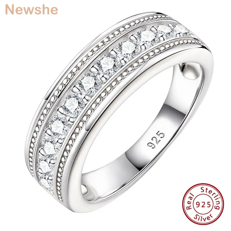 Newshe Genuine 925 Sterling Silver Wedding Rings for Men Half Eternity Brilliant Round Cut Cubic Zircon White Gold Jewelry