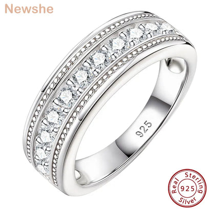 Newshe Genuine 925 Sterling Silver Wedding Rings for Men Half Eternity Brilliant Round Cut Cubic Zircon White Gold Jewelry