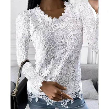Women Lace Hollow T Shirt Top Fashion Round Neck Long Sleeve Office Lady Blouses Casual Vintage High Street Boho Tops All Season