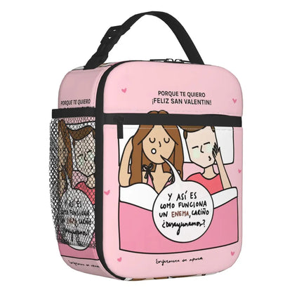 Custom cartoon-printed lunch bag featuring ladies, nurses, and doctors. Thermal insulated, reusable, and multifunctional, perfect for kids' food bento boxes.