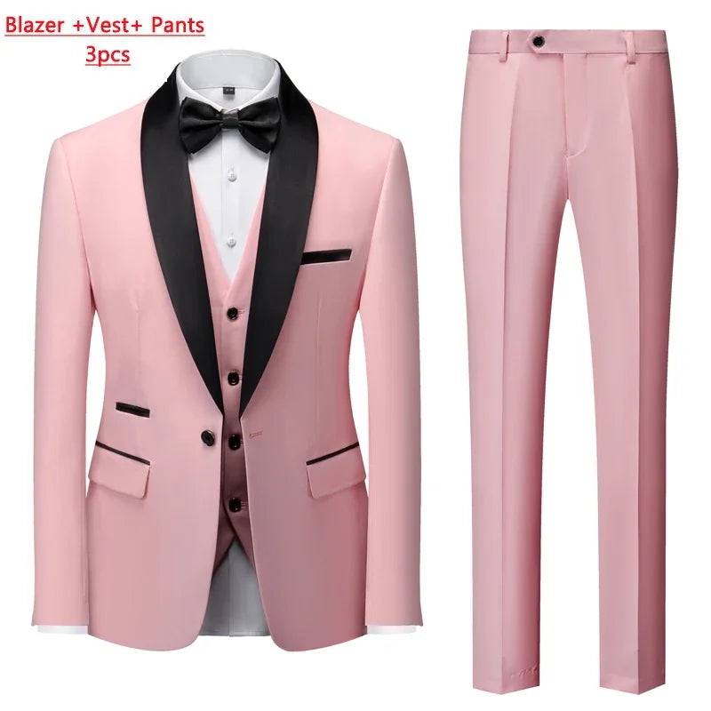 Men's Solid Color Suit Jacket Blazer Waistcoat Vest Pants Set M-6XL