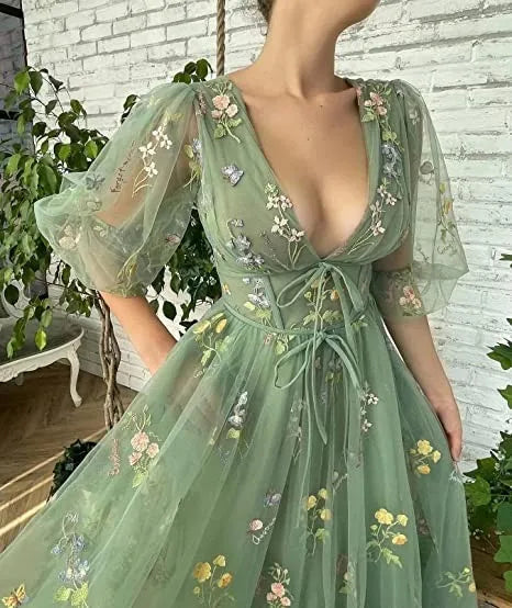Women's Puffy Sleeve Prom Dresses V Neck Flower Embroidery Evening Dress Green Fairy Tea Length Formal Gowns