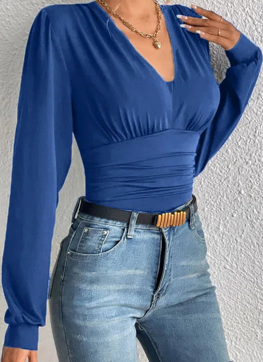Women's Sexy Deep V Neck Long Sleeve Solid Blouse Slim Elegant