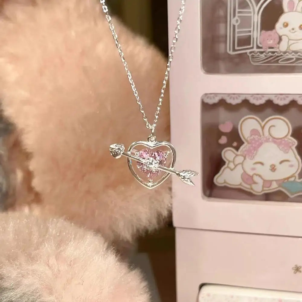 Stylish Pink Heart Necklace Gemstone Pendant Diamonds One Arrow Through Forever Love  Designs