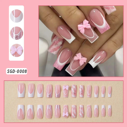 24Pcs Pink Leopard Print French Tips False Nails Short Square Head 3D Black Bowknot Fake Nails Acrylic Full Cover Press on Nails
