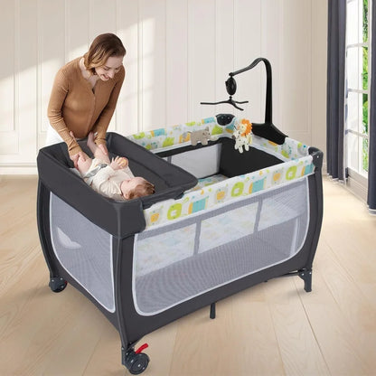 Foldable Baby Playpen Portable Crib with Adjustable Canopy Music Box and Changing Table for Newborn Infant Toddler Travel
