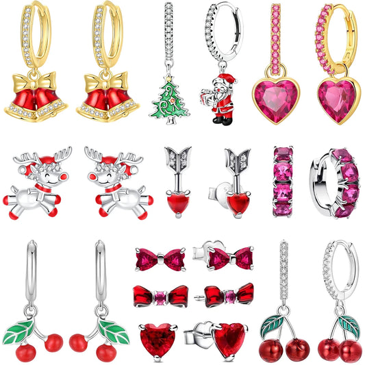 Luxury 925 Sterling Silver Santa Claus Bell Hoop Earrings Red Heart Bow Fruit Stud Earring For Women Christmas Fine Jewelry Gift