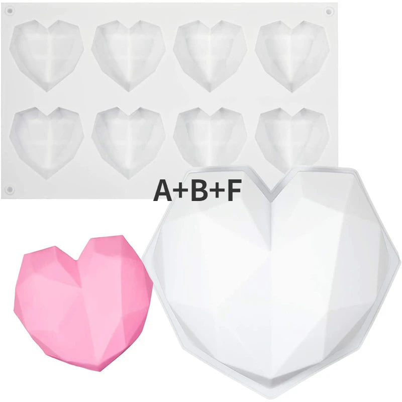 Silicone Diamond Love Baking Mold Set Letter Number Molds 1/6/8 Cavity Heart Mousse Pastry Cake Chocolate Soap Candle Mould