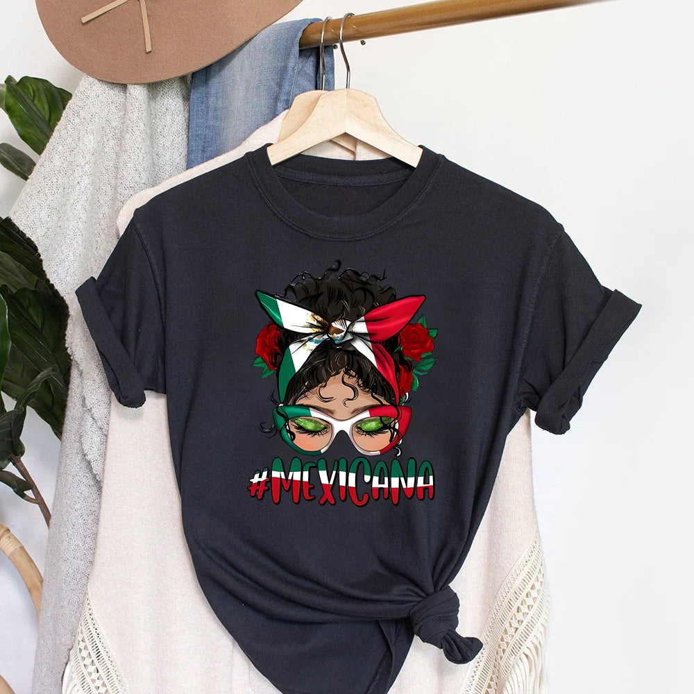 Mexicana Printed Women Top Women's Mexican Flag Pattern Casual T-shirt Summer Round Neck Short Sleeve Shirts Outfits