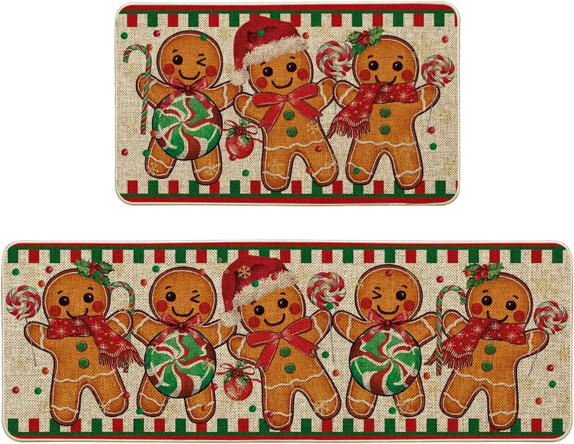 1/2PCS Lovely Christmas Gingerbread Man Crystal Velvet Kitchen Floor Mat