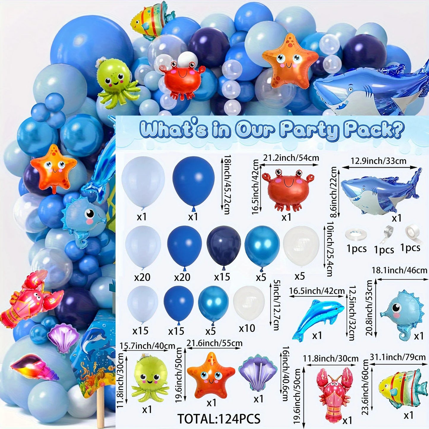 124 Pieces Ocean Theme Balloon Arch Set for Birthday Backdrop Pool Beach Party Sea World & Summer Decoration