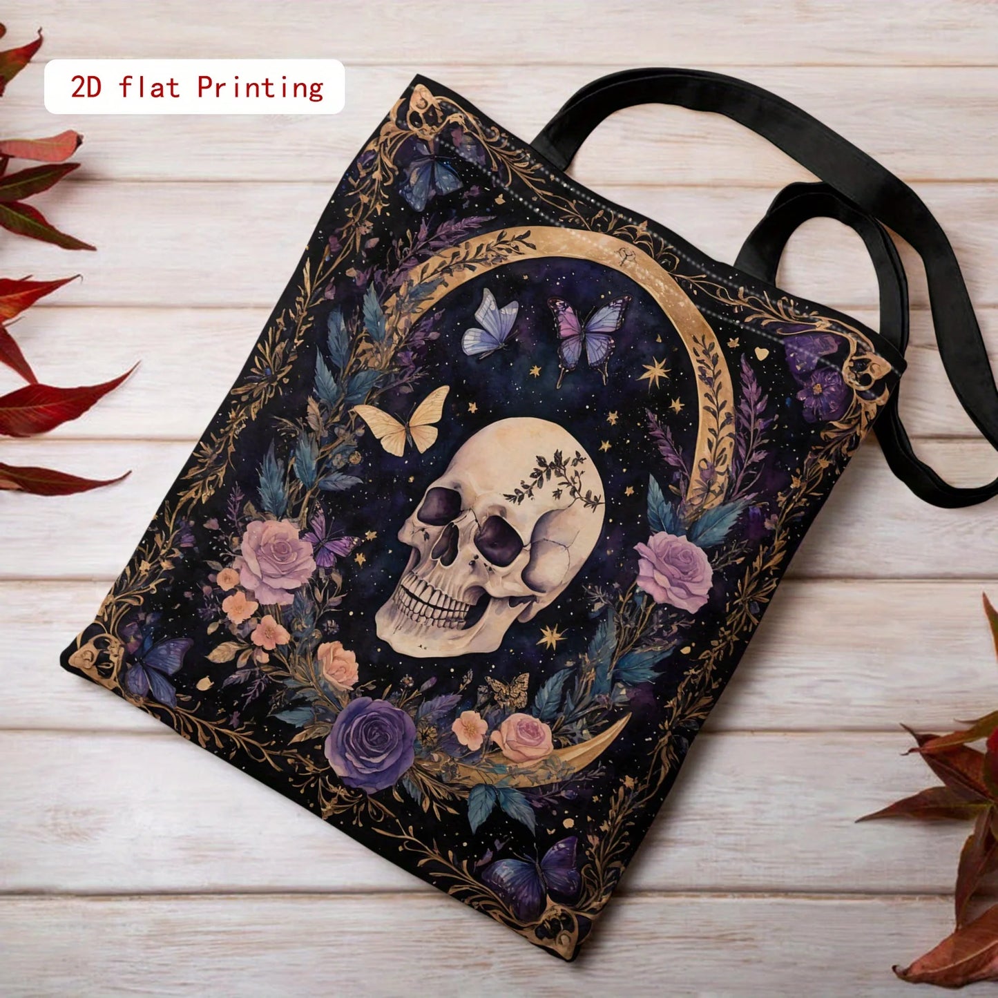Women’s Gothic Skull Floral Tote – Large Capacity Open‑Top Purse (Purple / Black / Gold)