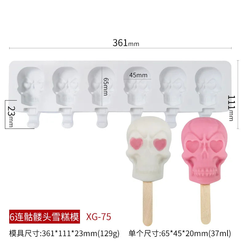 6 Skulls Ice Cream Silicone Mold Homemade Popsicle Ice Cream Mold kitchen Supplies Ice Maker Popsicle Sticks Chocolate Mold