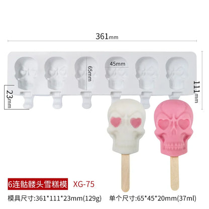 6 Skulls Ice Cream Silicone Mold Homemade Popsicle Ice Cream Mold kitchen Supplies Ice Maker Popsicle Sticks Chocolate Mold
