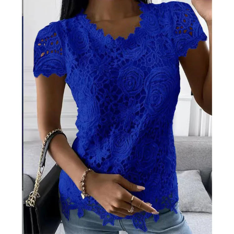 Women Lace Hollow T Shirt Top Fashion Round Neck Long Sleeve Office Lady Blouses Casual Vintage High Street Boho Tops All Season