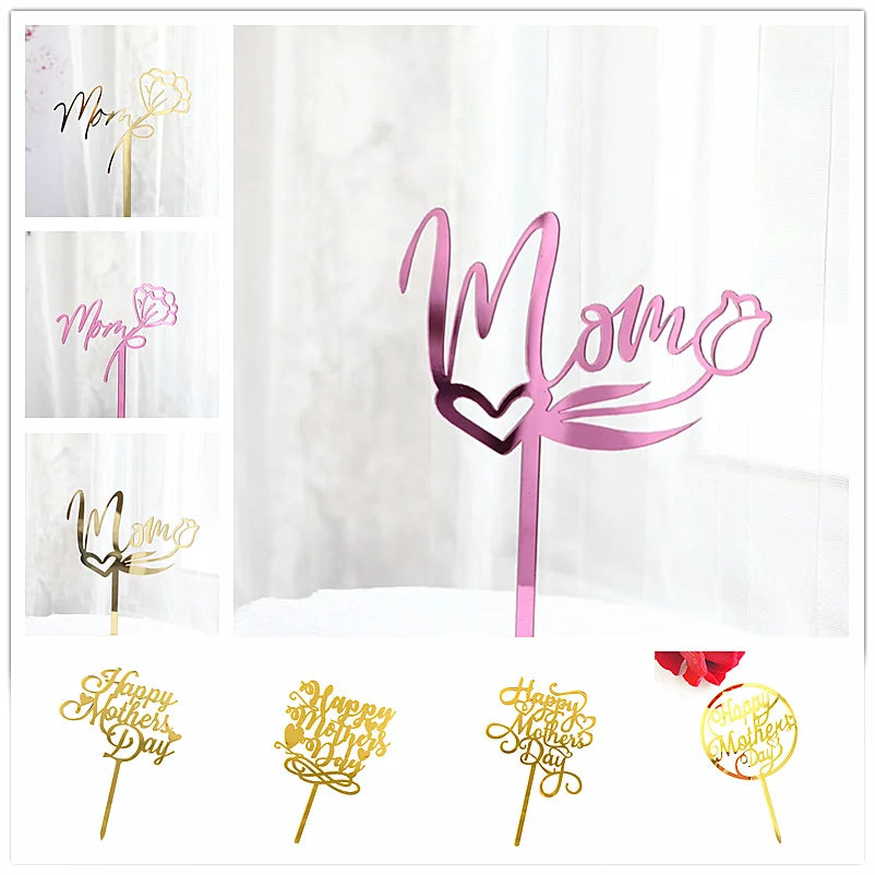 Happy Mothers Day Cake Topper Gold Red Tulip Acrylic MOM Birthday Party Cake Toppers Dessert Decoration Mother's Day Gifts